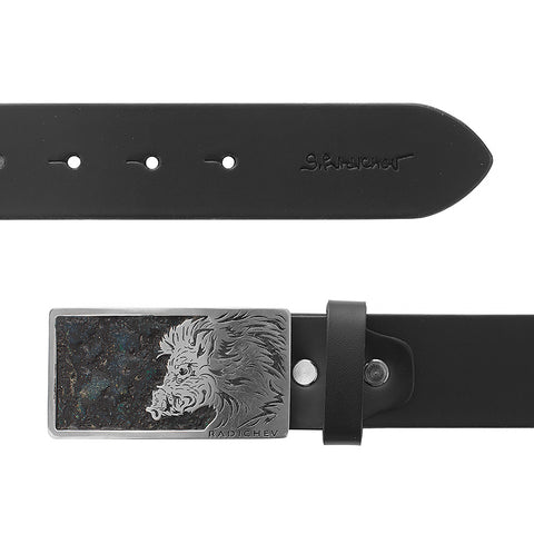Black men's belt with metal buckle and hunting accent RADICHEV