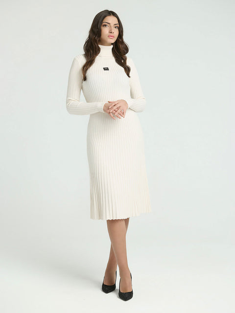 Dress with elastic knit and polo collar in creamy white