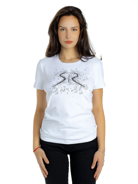 Women's clean t-shirt in white with embroidered logo, stones and art patches