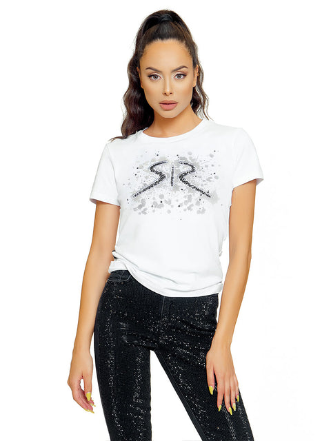 Women's clean t-shirt in white with embroidered logo, stones and art patches