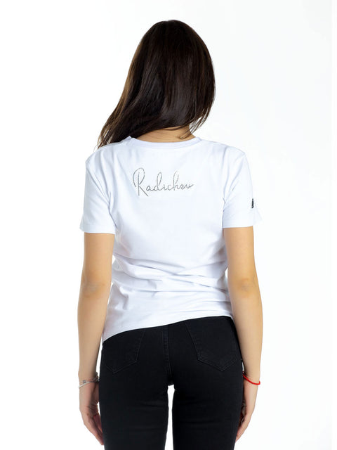 Women's clean t-shirt in white with embroidered logo, stones and art patches