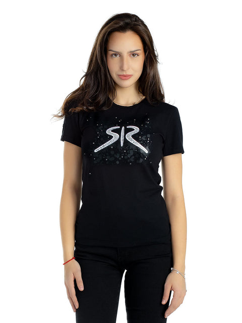 Women's t-shirt in black with embroidered white logo and stones