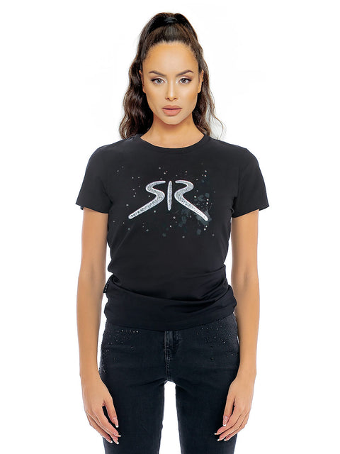 Women's t-shirt in black with embroidered white logo and stones