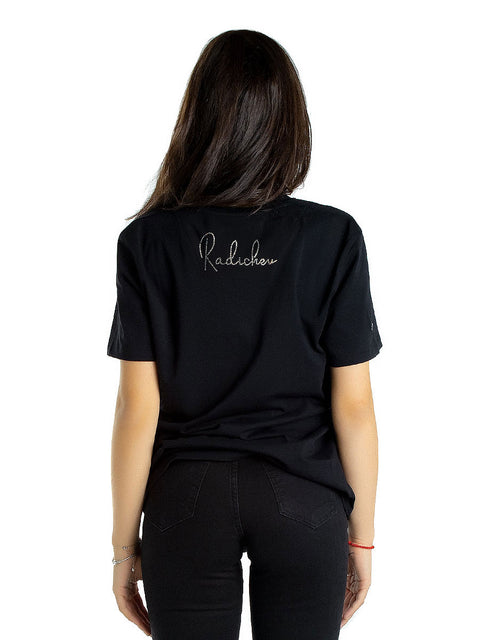 Women's t-shirt in black with embroidered white logo and stones