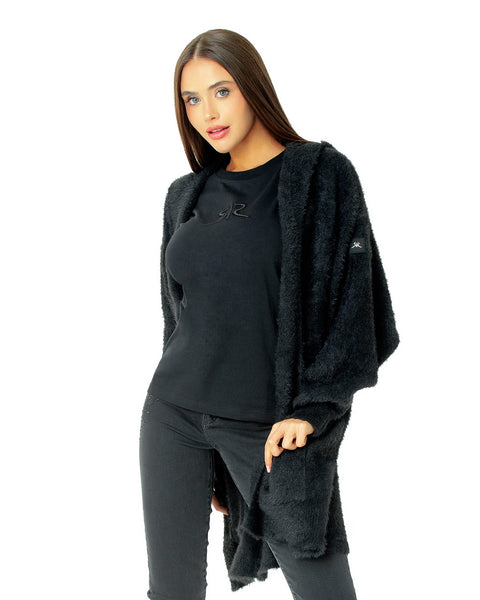 Къса пухкава жилетка с качулка в черно 