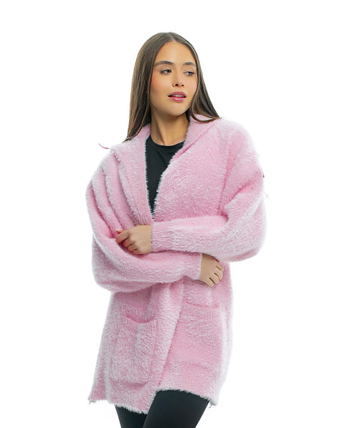 Short fluffy cardigan with hood in pink