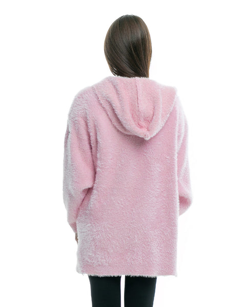 Short fluffy cardigan with hood in pink