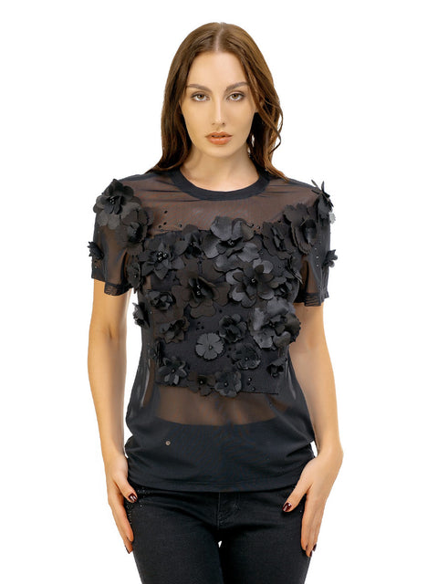 Women's black blouse with 3D flowers