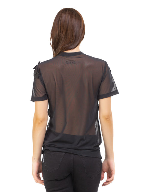 Women's black blouse with 3D flowers