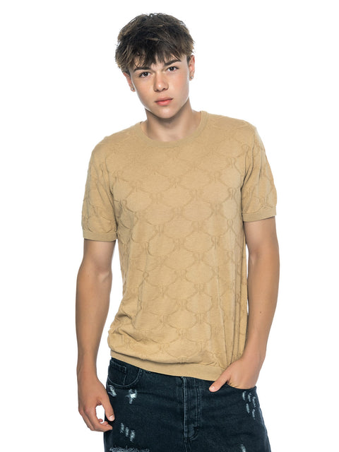 Knitted beige blouse with all-over print of small logos and merino wool