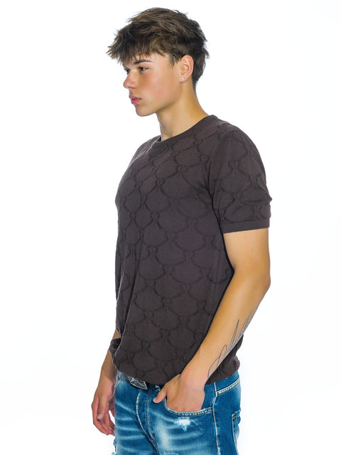 Knitted brown blouse with all-over print of small logos and merino wool