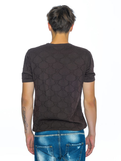 Knitted brown blouse with all-over print of small logos and merino wool
