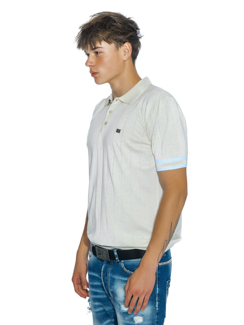 Men's knitted polo collar t-shirt with metal logo in ecru
