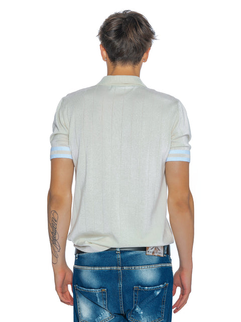 Men's knitted polo collar t-shirt with metal logo in ecru