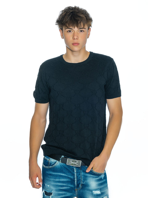 Knitted black blouse with all-over print of small logos and merino wool