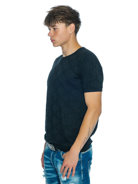 Knitted black blouse with all-over print of small logos and merino wool