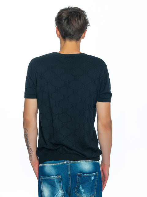 Knitted black blouse with all-over print of small logos and merino wool