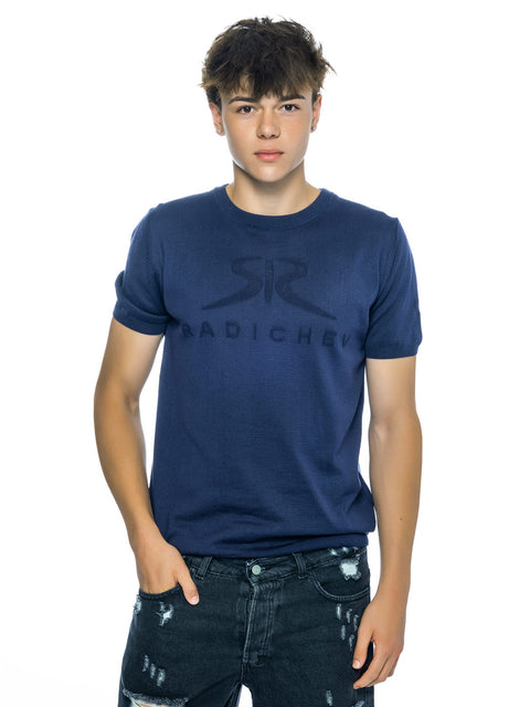 Knitted dark blue blouse with logo and inscription RADICHEV