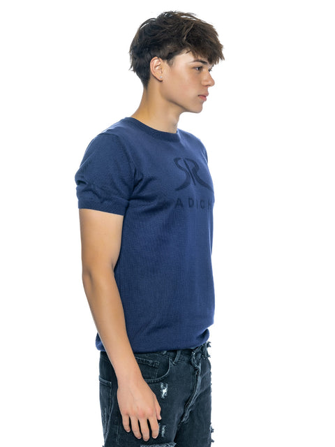 Knitted dark blue blouse with logo and inscription RADICHEV