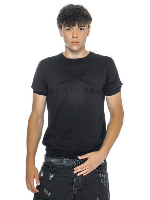 Knitted black blouse with logo and inscription RADICHEV
