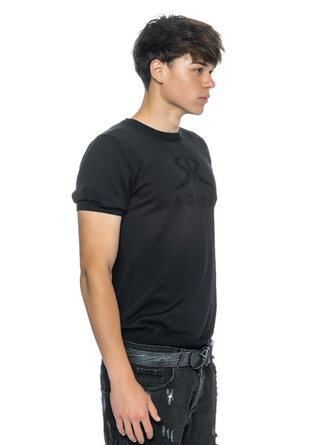 Knitted black blouse with logo and inscription RADICHEV