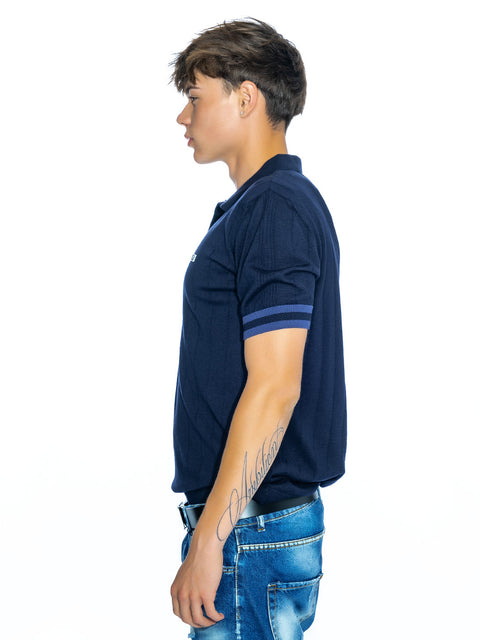 Men's knitted polo collar t-shirt with metal logo in navy blue