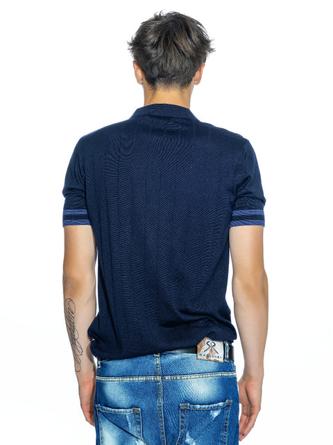 Men's knitted polo collar t-shirt with metal logo in navy blue