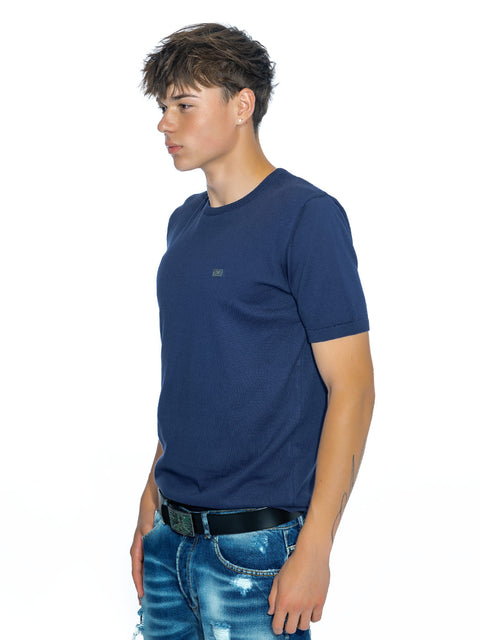 Men's knitted blouse with metal logo in navy blue