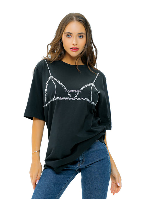 Women's Black Oversized T-Shirt with Rhinestone Embellishment