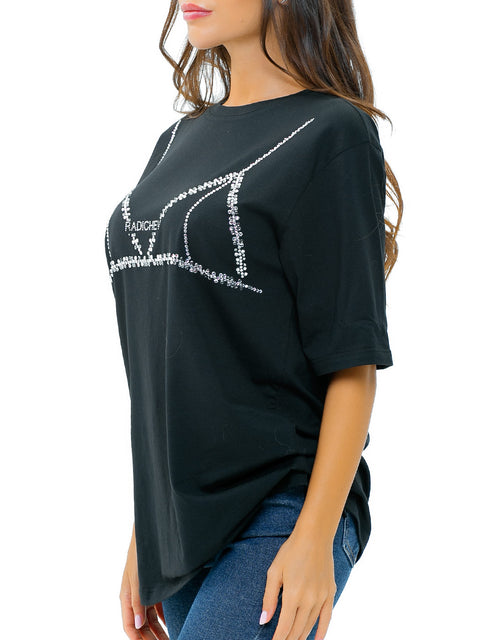 Women's Black Oversized T-Shirt with Rhinestone Embellishment
