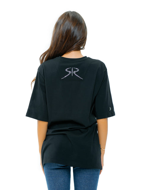 Women's Black Oversized T-Shirt with Rhinestone Embellishment