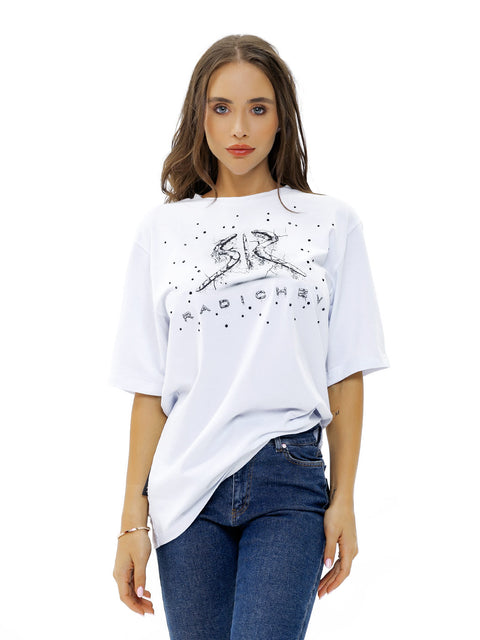 Women's Oversized T-Shirt with Designer Print and Rhinestones