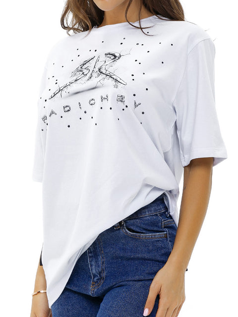Women's Oversized T-Shirt with Designer Print and Rhinestones