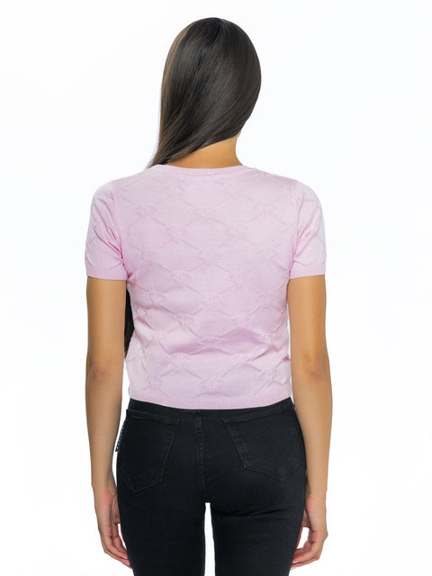 Short pink knitted blouse with all-over logos
