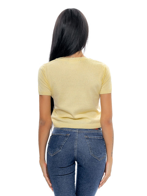 Short yellow knitted blouse with logo and inscription RADICHEV