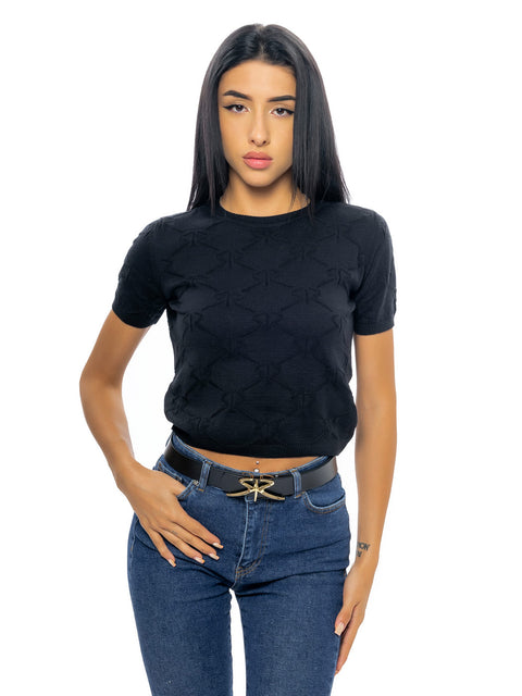 Short black knitted blouse with all-over logos