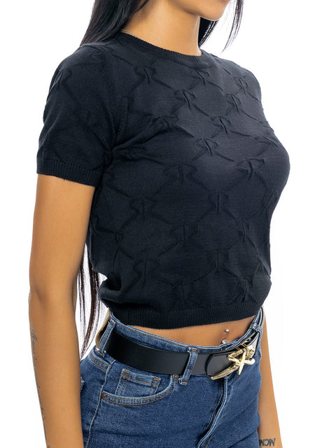 Short black knitted blouse with all-over logos