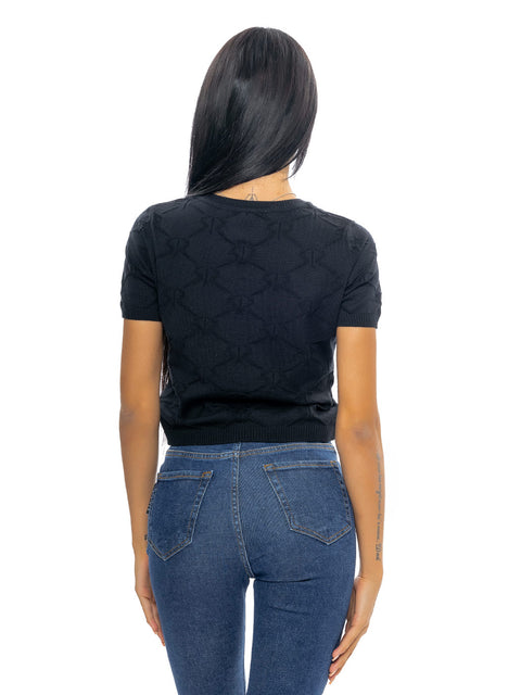 Short black knitted blouse with all-over logos