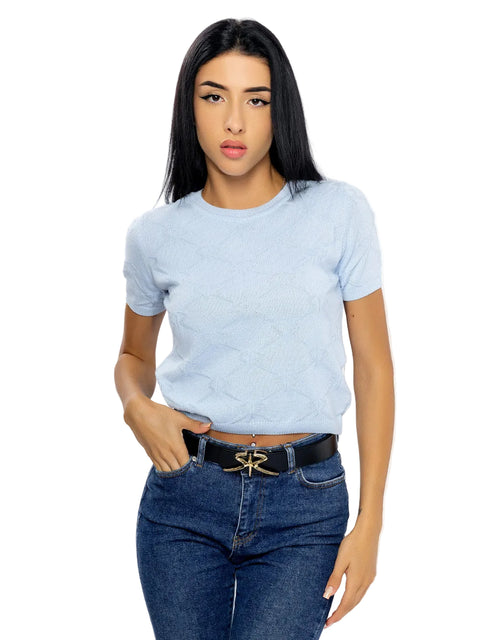 Short light blue knitted blouse with all-over logos