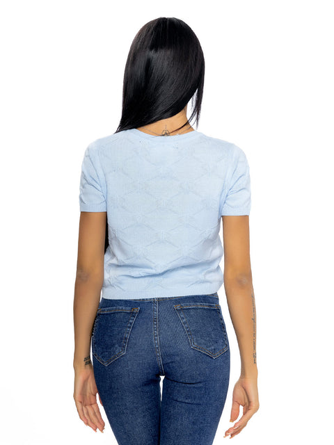 Short light blue knitted blouse with all-over logos
