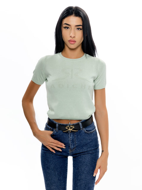 Short light green knitted blouse with logo and inscription RADICHEV