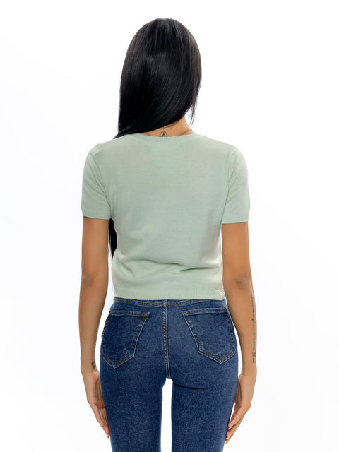 Short light green knitted blouse with logo and inscription RADICHEV