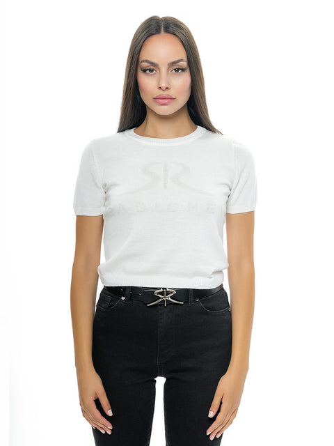 Short white knitted blouse with logo and inscription RADICHEV