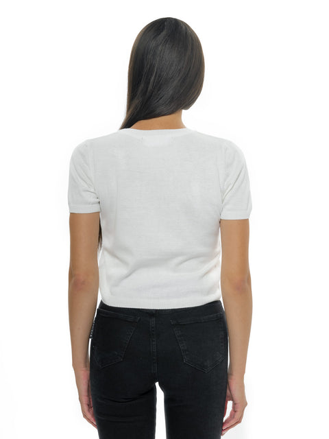 Short white knitted blouse with logo and inscription RADICHEV