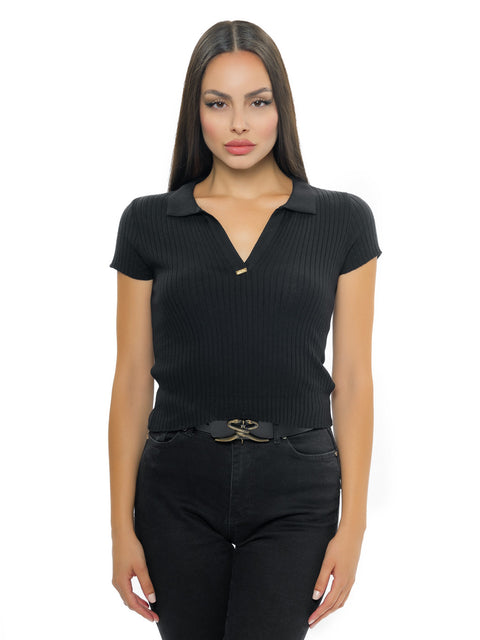 Short black knitted V-neck blouse with metal logo