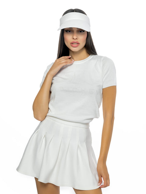 Short white knitted blouse with logo and inscription RADICHEV
