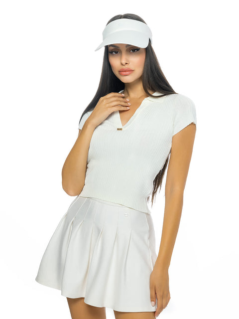 Short cream knitted blouse V-neck polo without buttons with metal logo