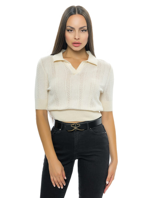 Short white knitted blouse with merino wool and metallic glitter