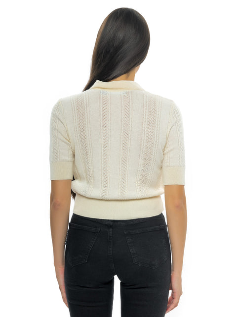 Short white knitted blouse with merino wool and metallic glitter