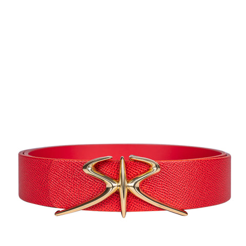 Women's red embossed leather belt with golden buckle SR